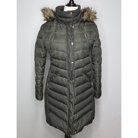 Michael Kors Goose Down Puffer Coat Faux Fur Hood Army Green Long Jacket Size L - Picture 1 of 13